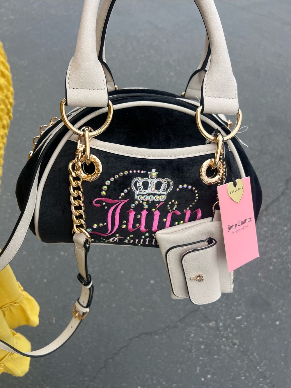 Juicy Couture Black Mini Satchel with White Trim & Pink Logo